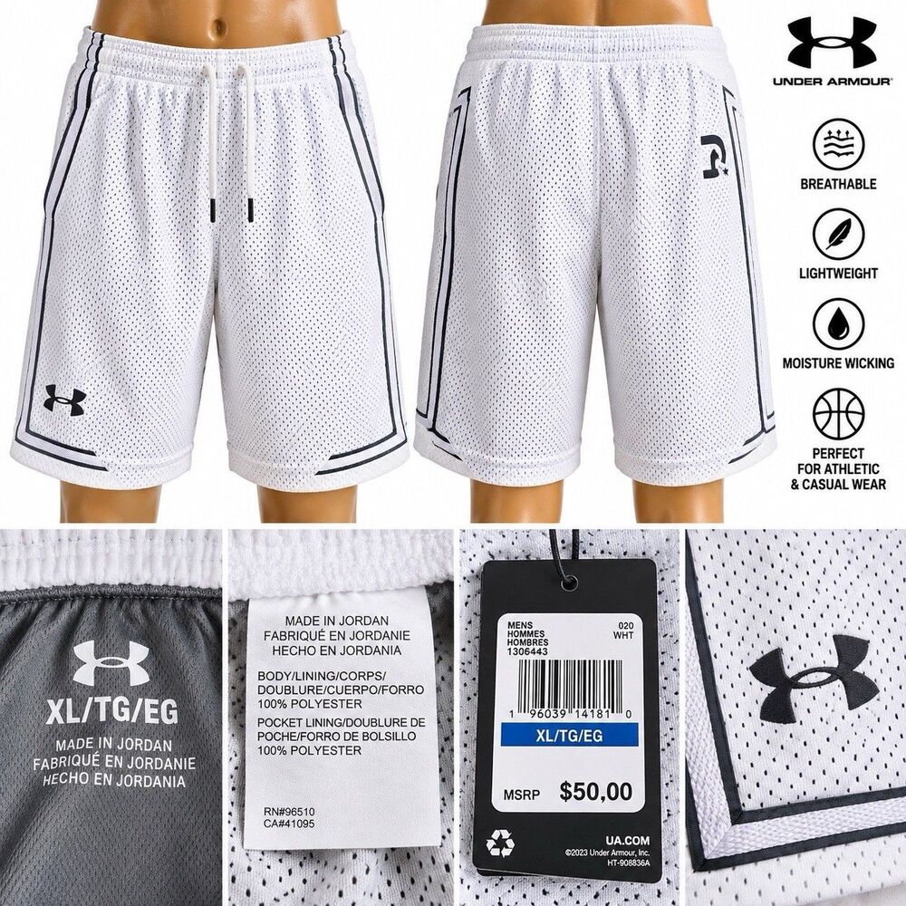 Under Armour Mens XL White Mesh Basketball Short Loose HeatGear Athletic NWT